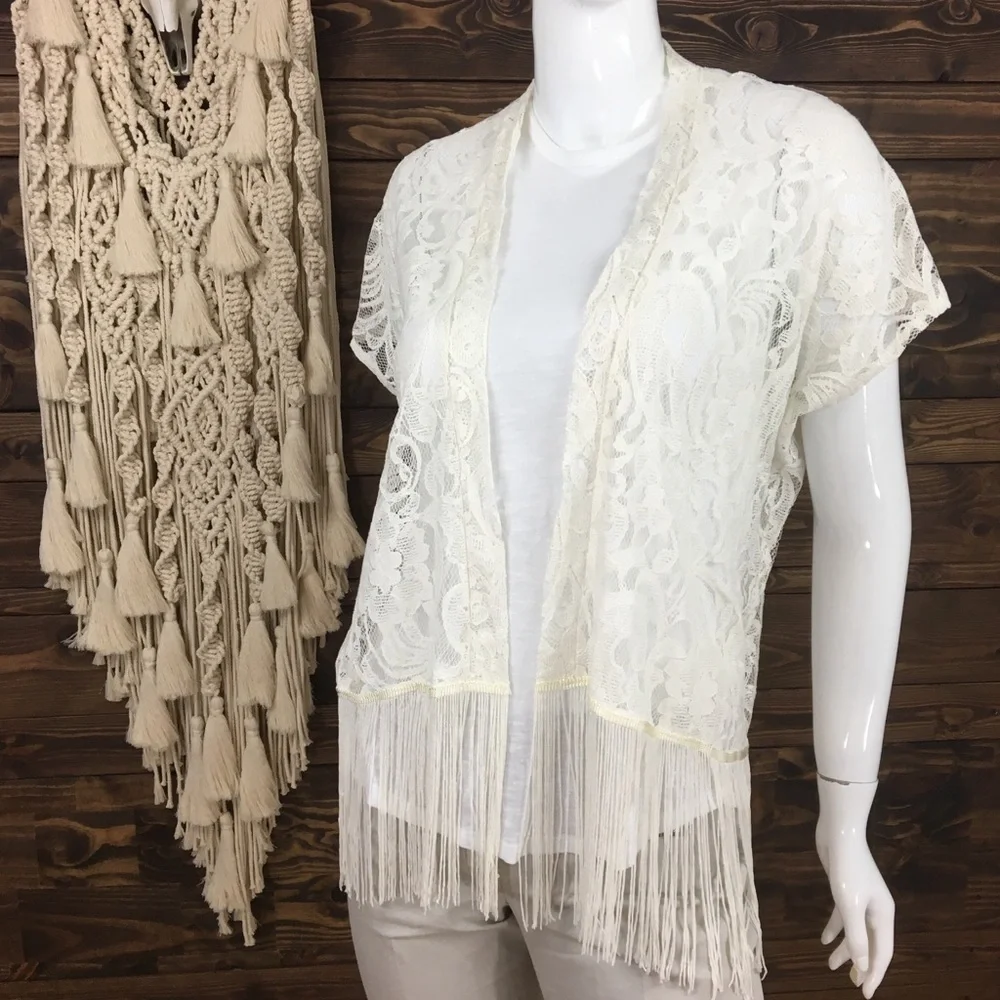 Swoon | Crochet Mesh Lace Fringe Kimono Cardigan‎ Cream